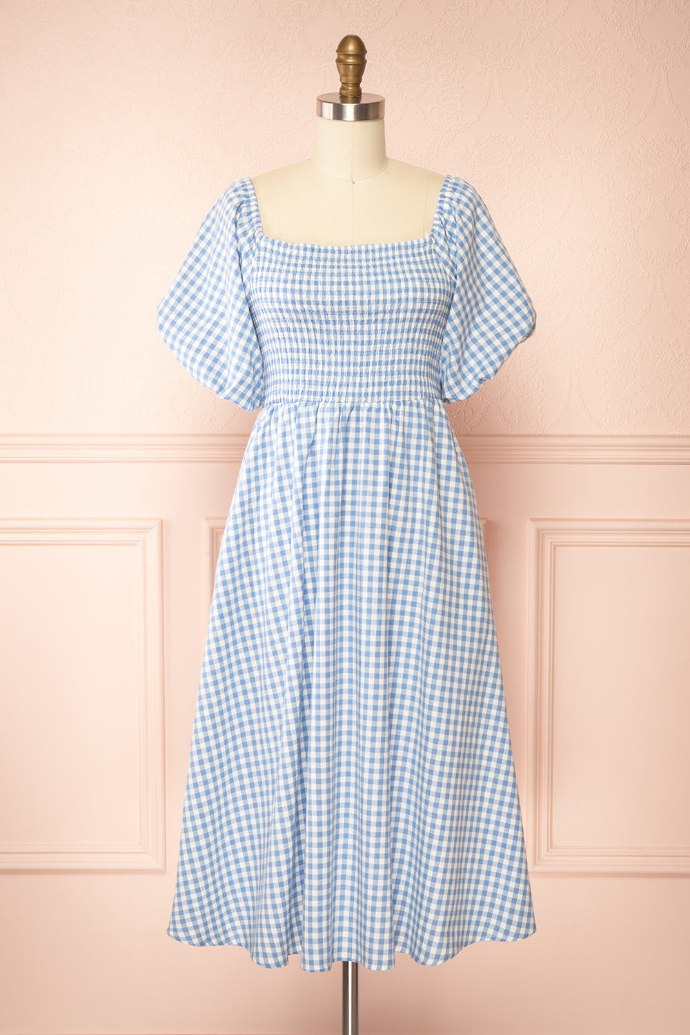 Kitea Blue Gingham Midi Dress w/ Puffy Sleeves | Boutique 1861 front view