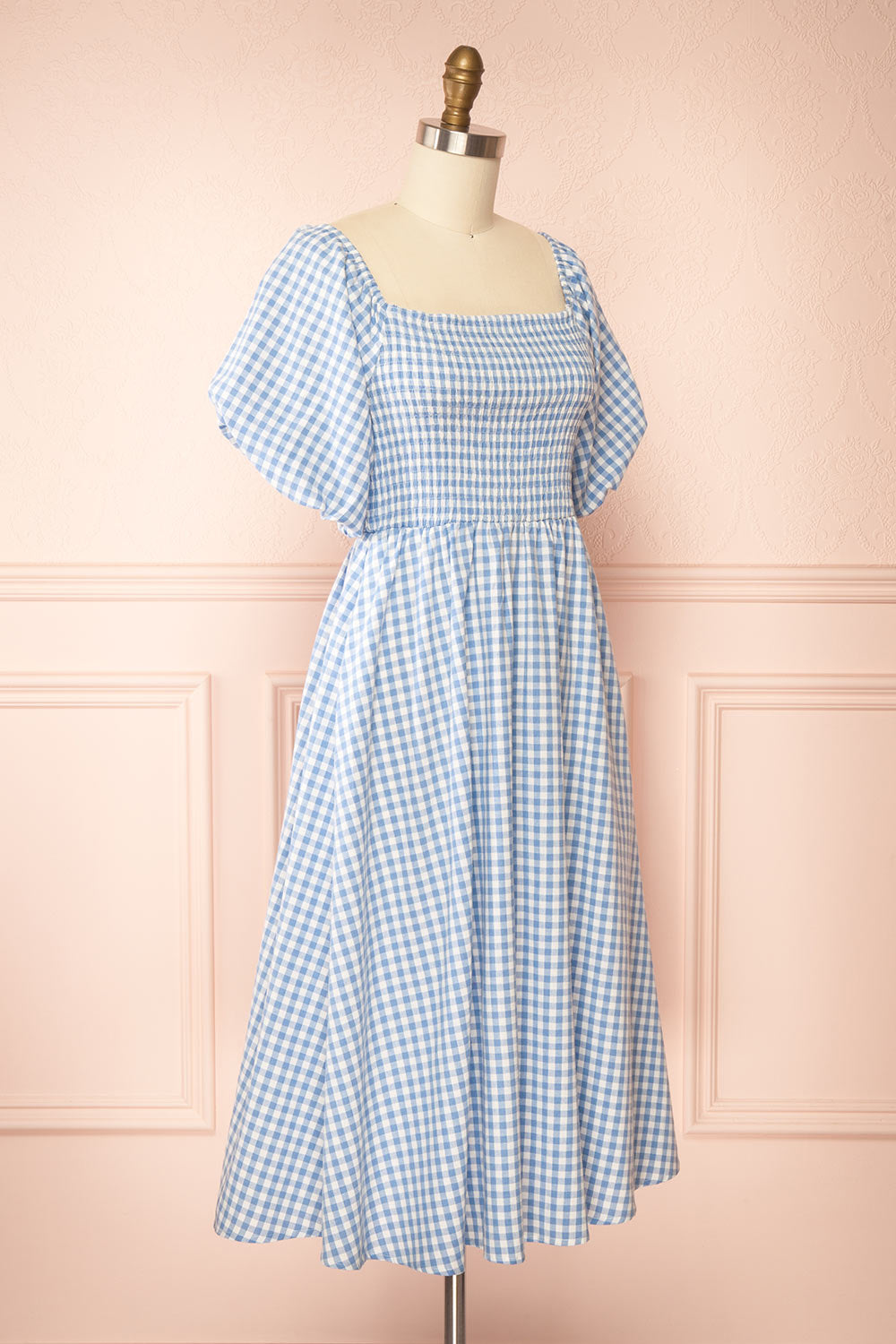 Kitea Blue Gingham Midi Dress w/ Puffy Sleeves | Boutique 1861 side view