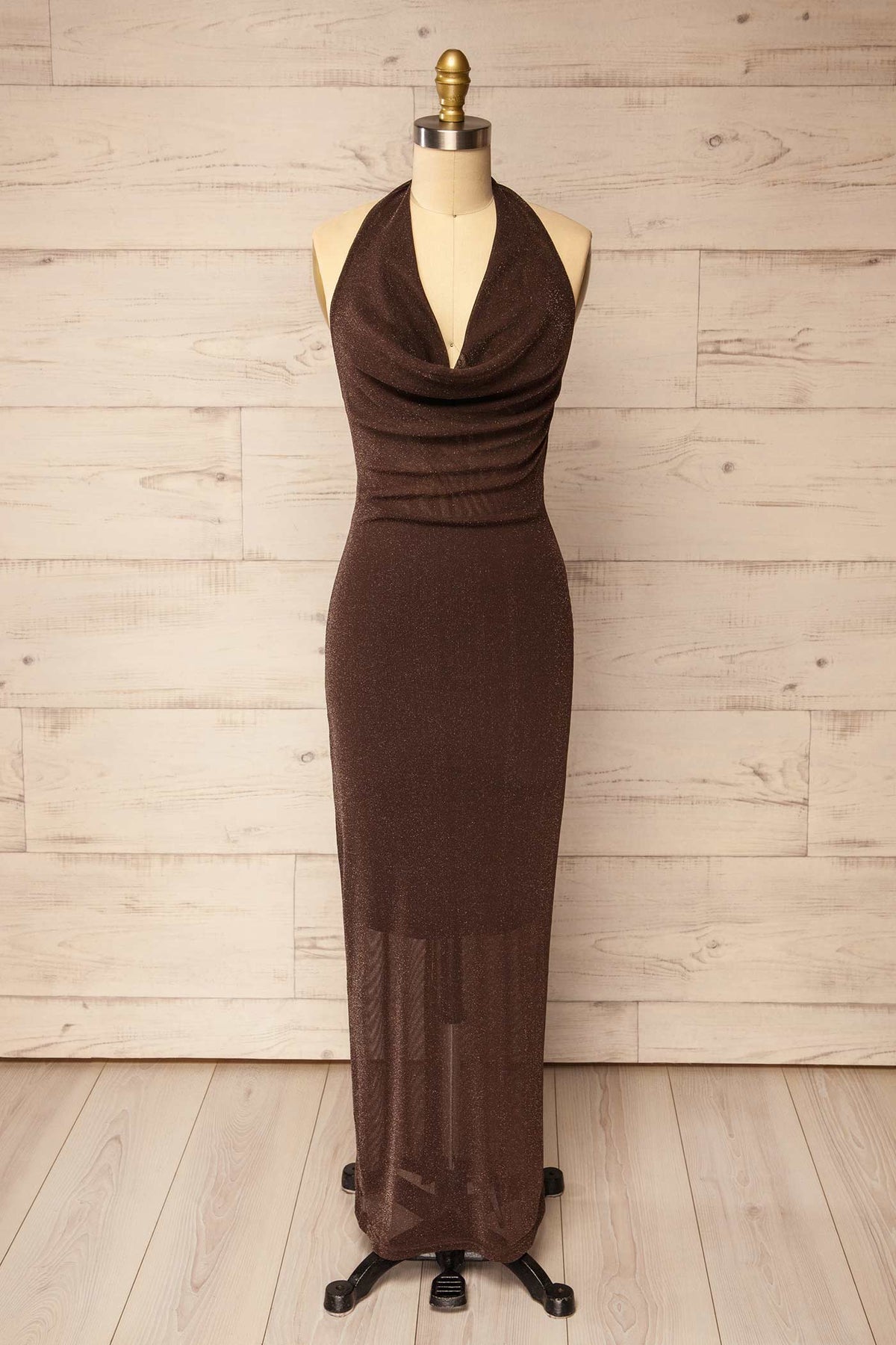 front view of Kivitoo Brown Shimmery Cowl Neck Halter Maxi Dress at La petite garçonne