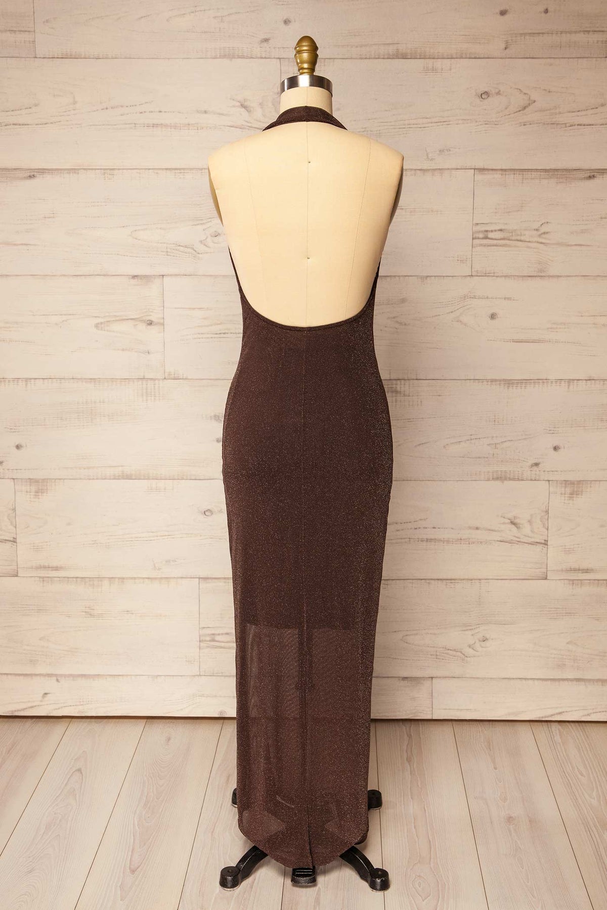 back view of Kivitoo Brown Shimmery Cowl Neck Halter Maxi Dress at La petite garçonne