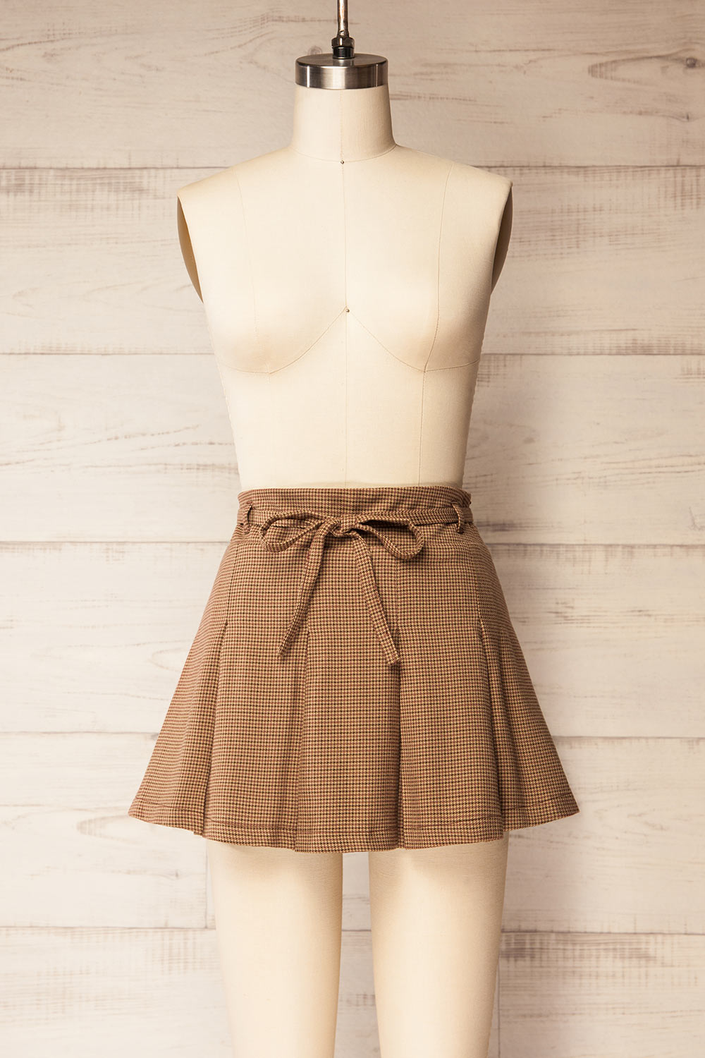 Kohima Brown Houndstooth Mini Skirt with Built in Shorts | La petite garçonne front view
