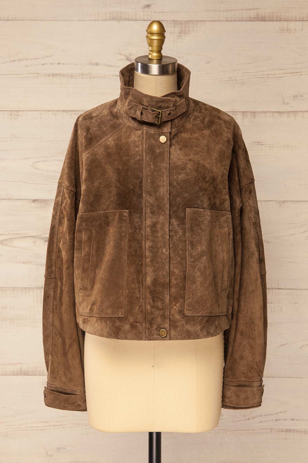 front view of Kolymskoye Brown Cropped Suede Jacket at La petite garçonne