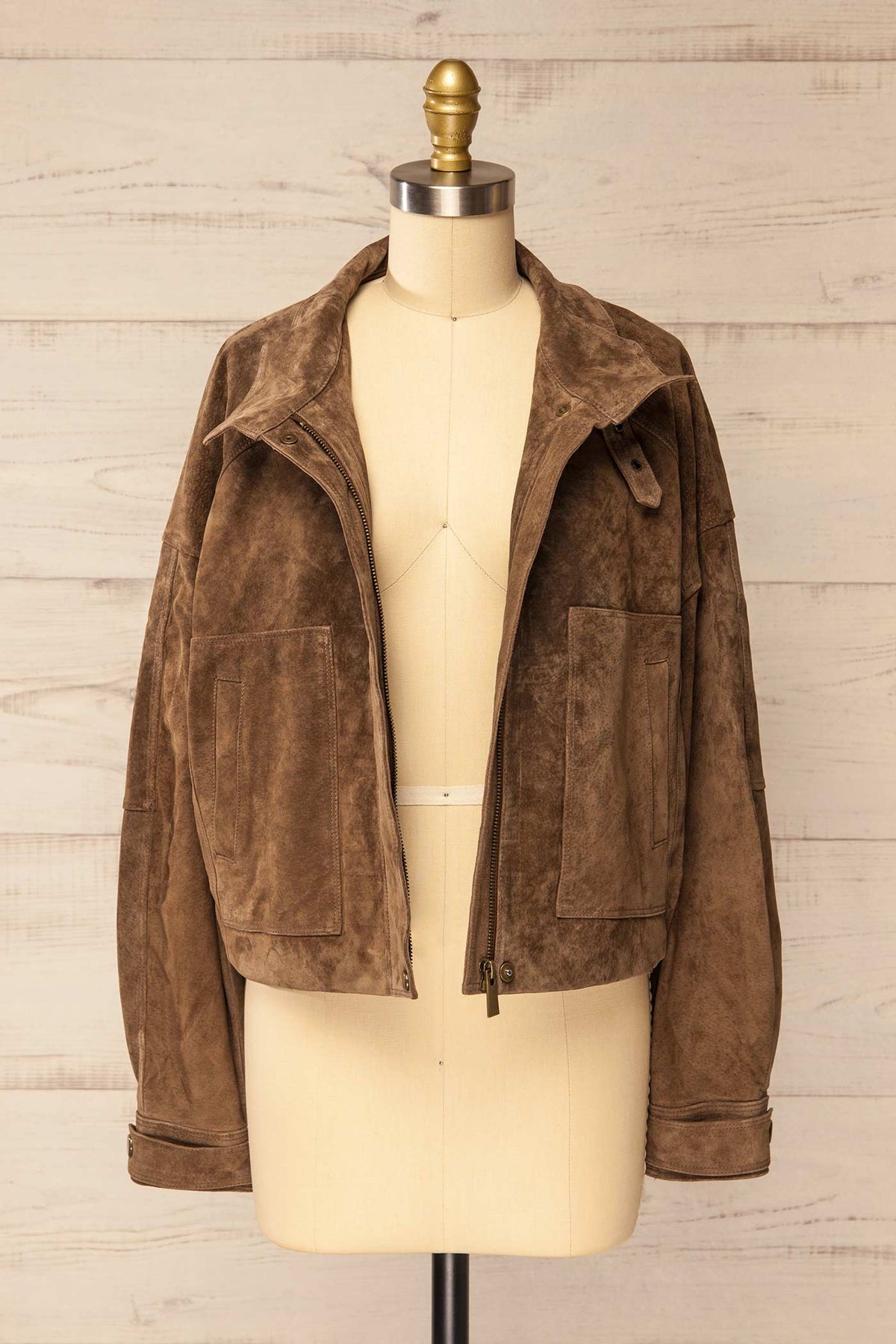 front open view of Kolymskoye Brown Cropped Suede Jacket at La petite garçonne