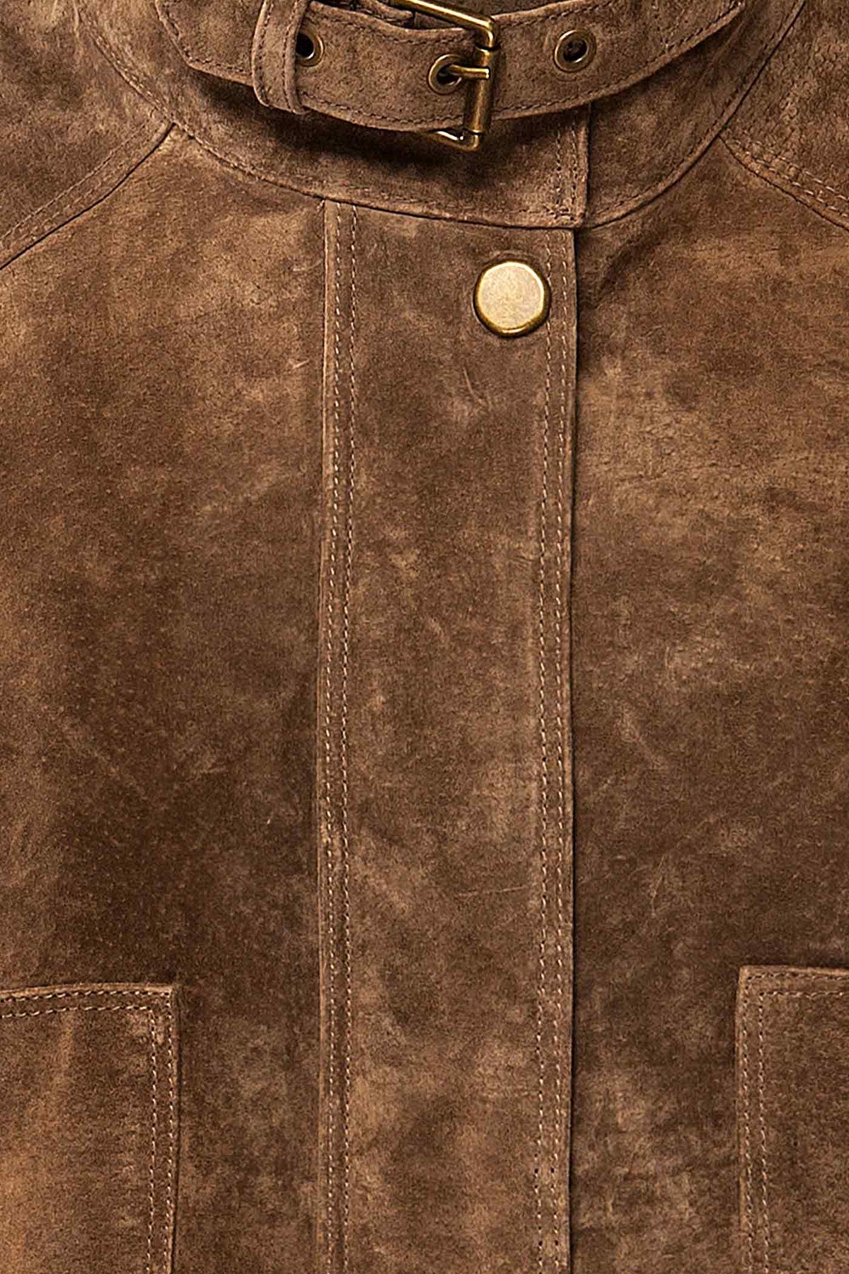 fabric view of Kolymskoye Brown Cropped Suede Jacket at La petite garçonne