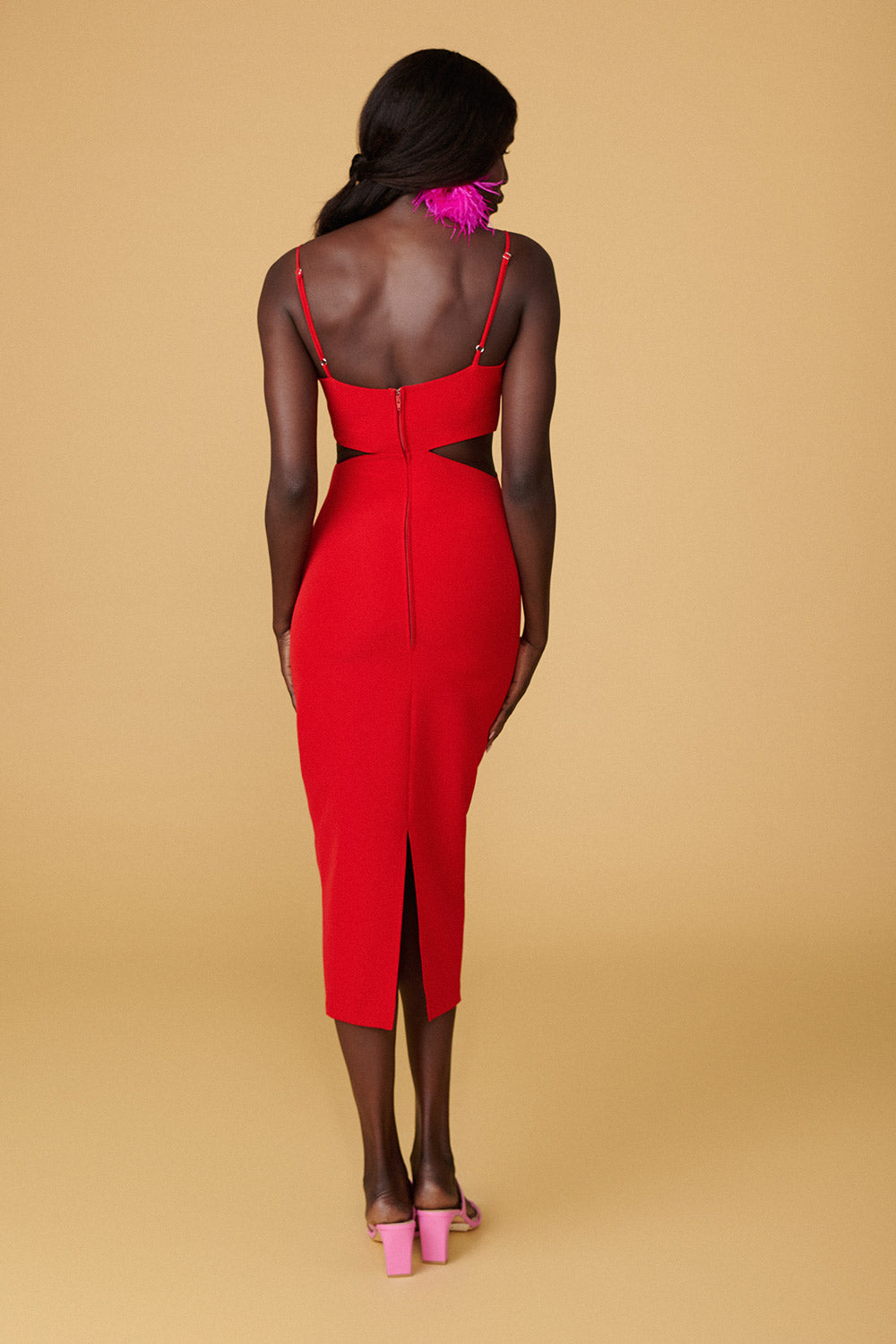 Komia Red Fitted Midi Dress w/ Cut-Outs | La petite garçonne back on model