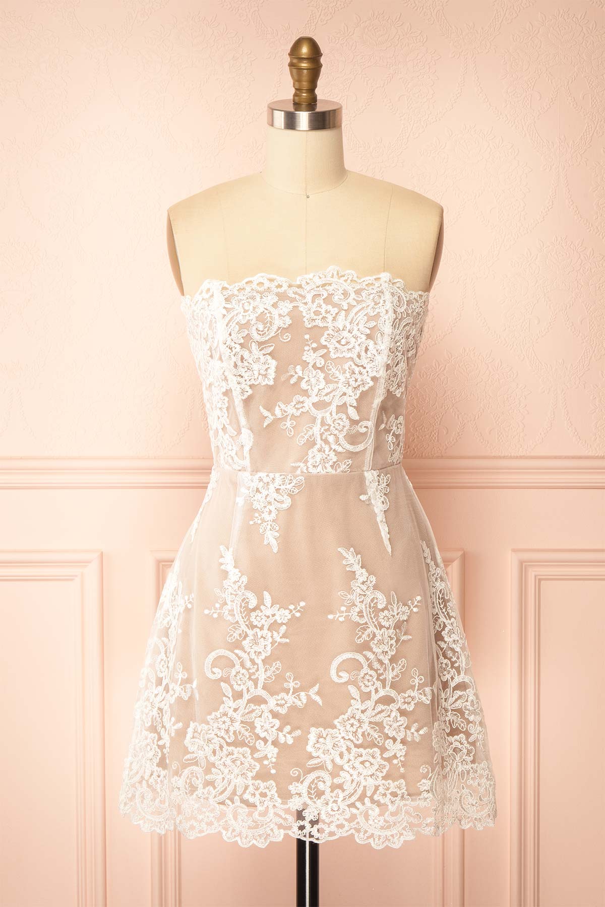 Konilda White | Floral Lace Mini Dress with Boned Bodice