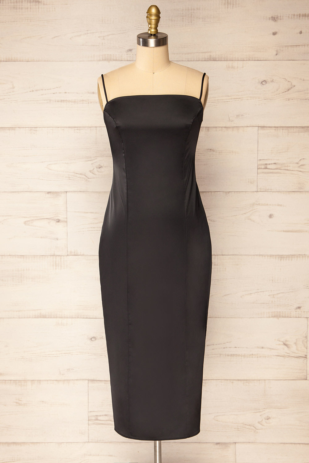 Korina Black Fitted Satin Midi Dress