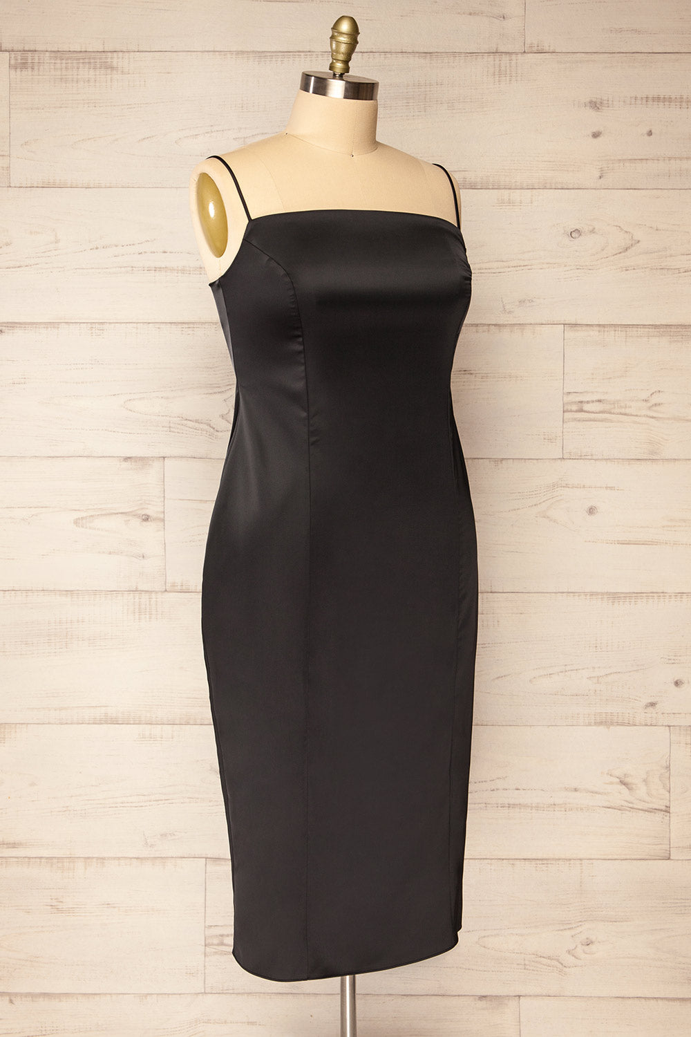 Korina Black Fitted Satin Midi Dress | La petite garçonne side plus size