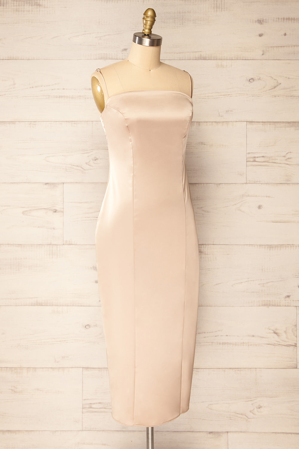 Korina Champagne Fitted Satin Midi Dress | La petite garçonne side view