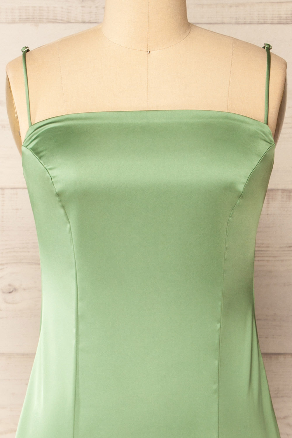 Korina Sage Fitted Satin Midi Dress | La petite garçonne front close-up