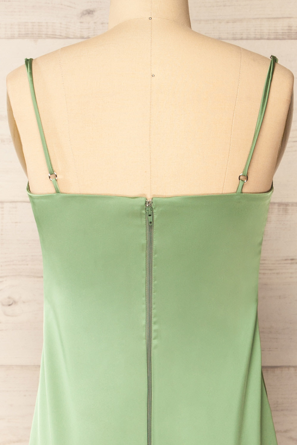 Korina Sage Fitted Satin Midi Dress | La petite garçonne back close-up