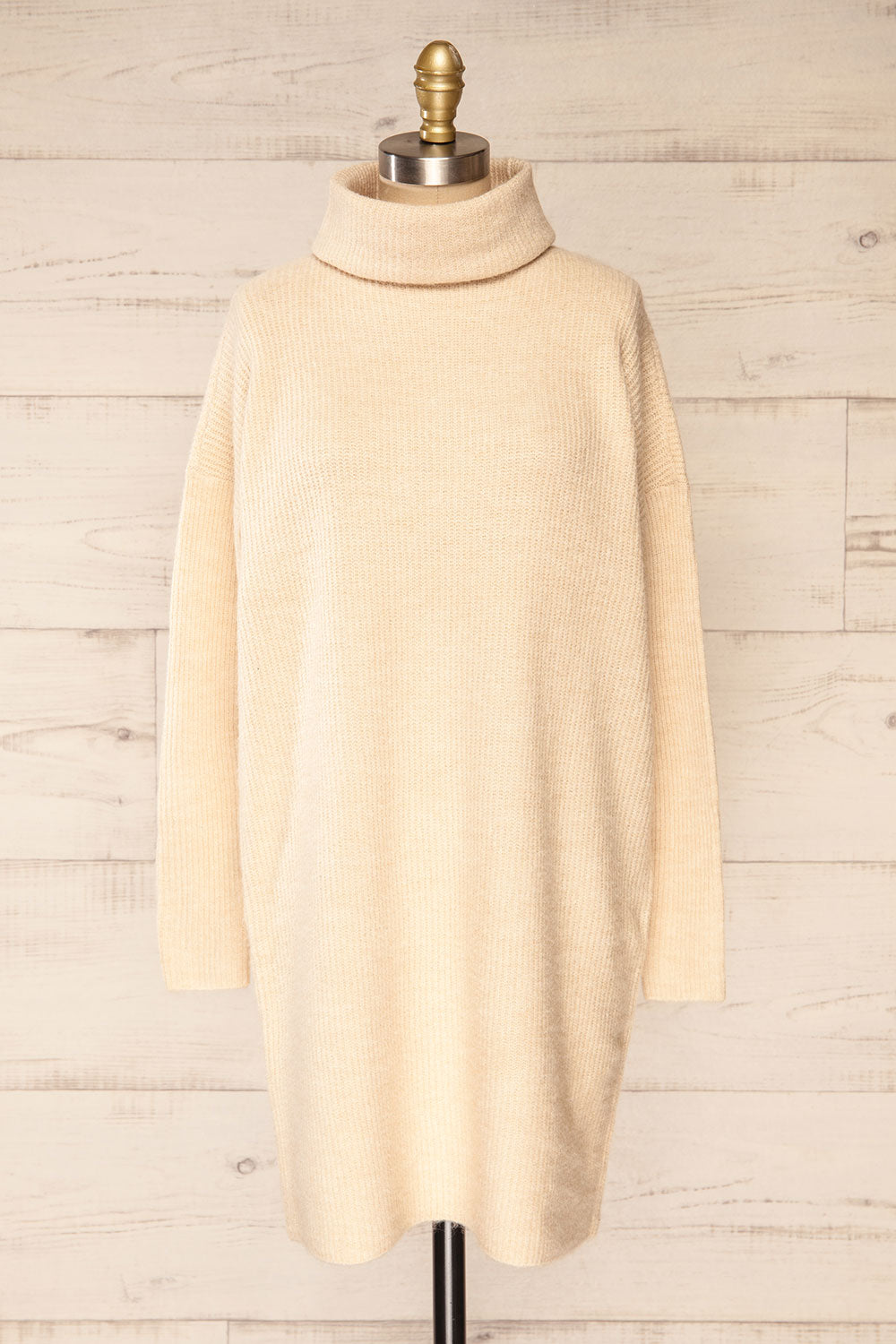 Koror Beige Knit Turtleneck Sweater Dress