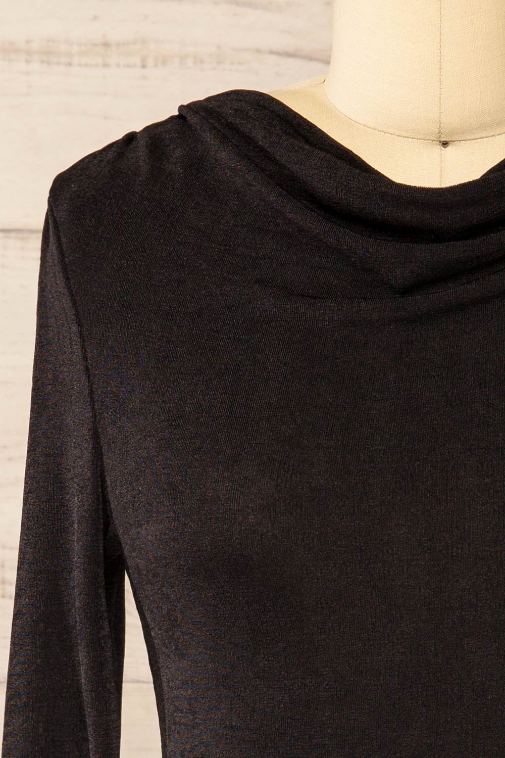 Kotidien Black Sheer Top w/ Cowl Neckline | La petite garçonne front close-up