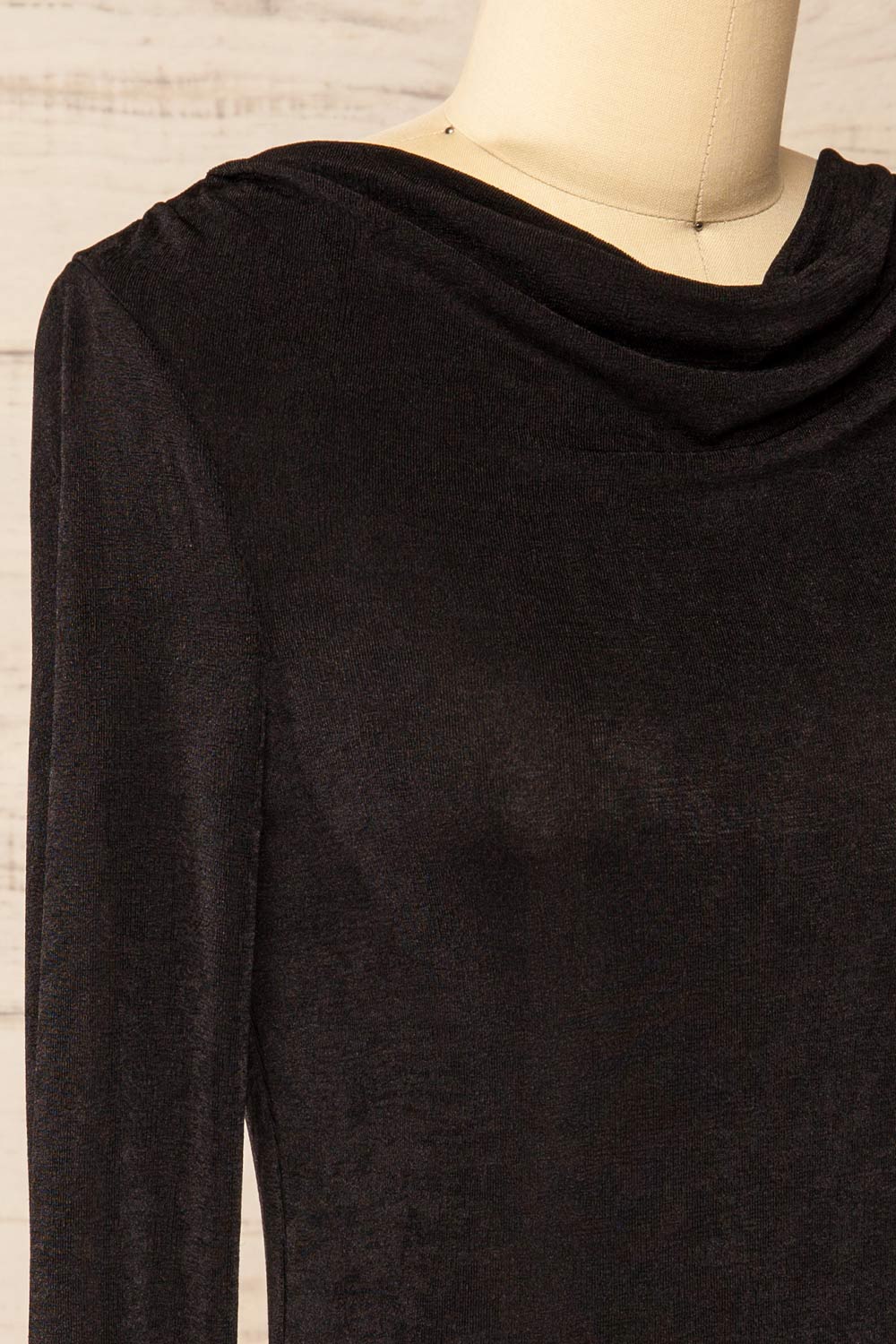 Kotidien Black Sheer Top w/ Cowl Neckline | La petite garçonne side close-up