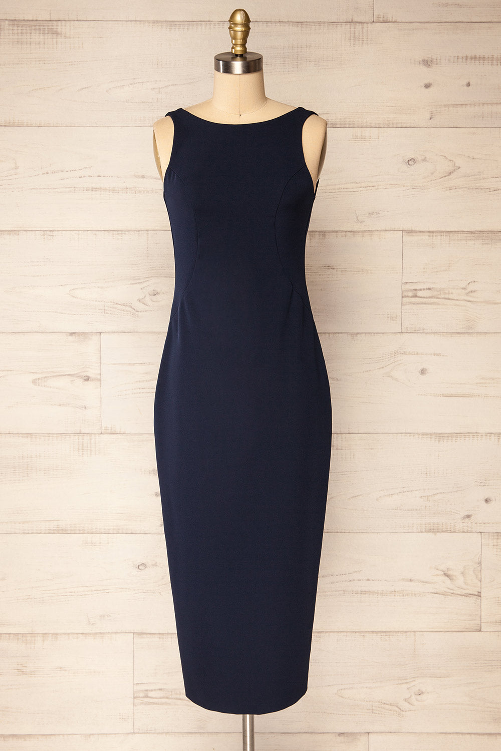 Kovna Navy Fitted Midi Dress w/ Open Back | La petite garçonne front view