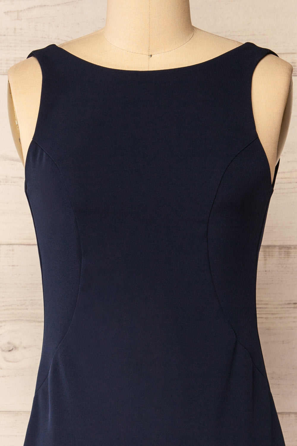 Kovna Navy Fitted Midi Dress w/ Open Back | La petite garçonne front close-up