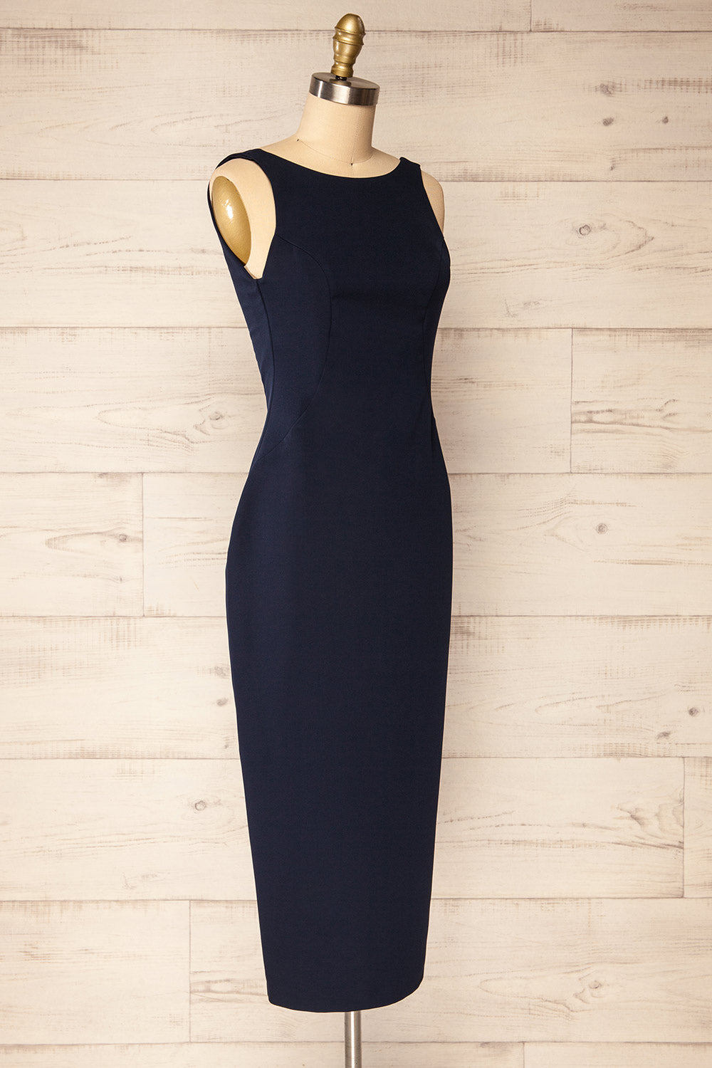 Kovna Navy Fitted Midi Dress w/ Open Back | La petite garçonne side view