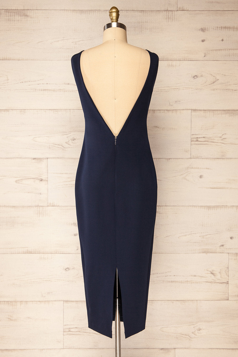 Kovna Navy Fitted Midi Dress w/ Open Back | La petite garçonne back view