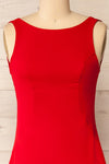 Kovna Red Fitted Midi Dress w/ Open Back | La petite garçonne front close-up