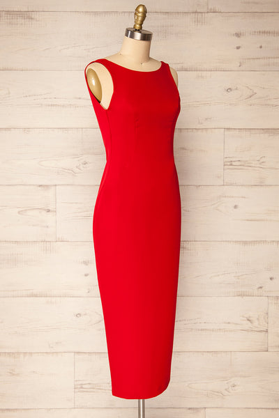 Kovna Red Fitted Midi Dress w/ Open Back | La petite garçonne  side view