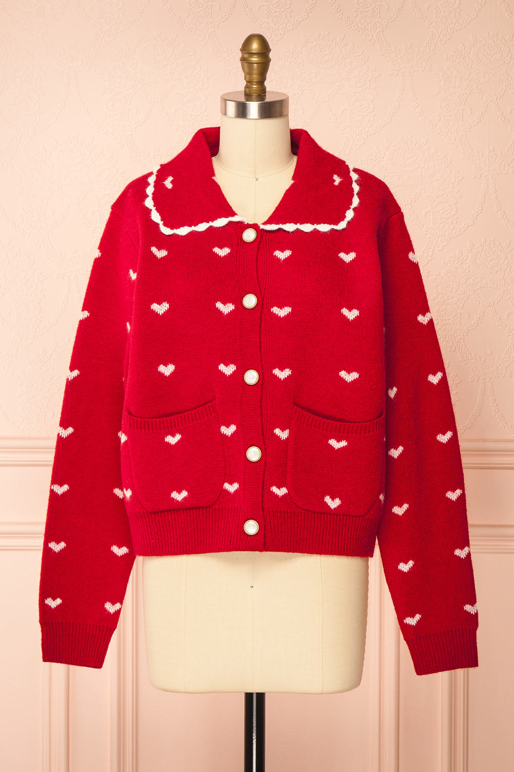 Kristeen Red Knit Cardigan with Heart Pattern | Boutique 1861 front view