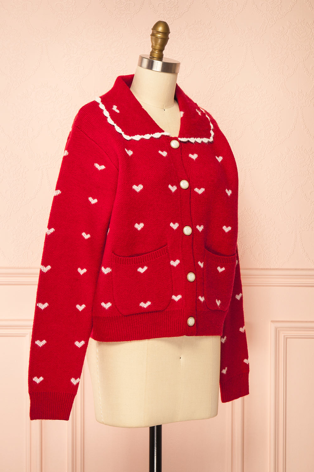 Kristeen Red Knit Cardigan with Heart Pattern | Boutique 1861 side view