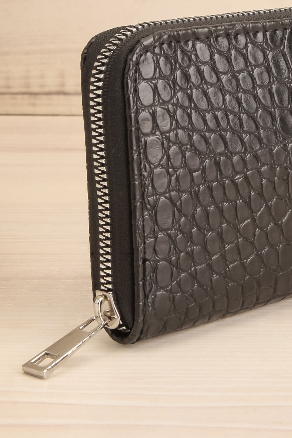 Kumasi Black Faux Croc Wallet | La petite garçonne side close-up