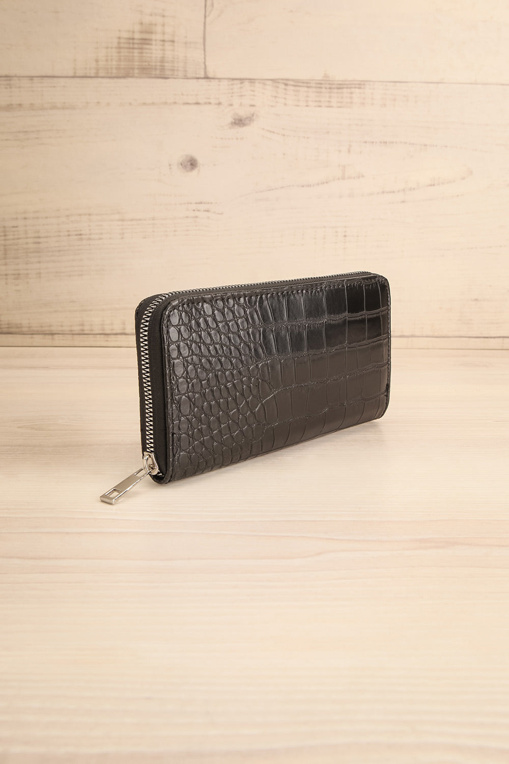 Kumasi Black Faux Croc Wallet | La petite garçonne side view