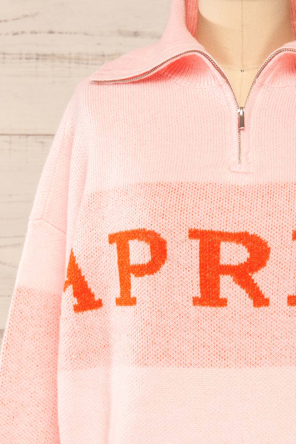 Kyzyl Pink Knit Quarter Zip Sweater | La petite garçonne front close-up