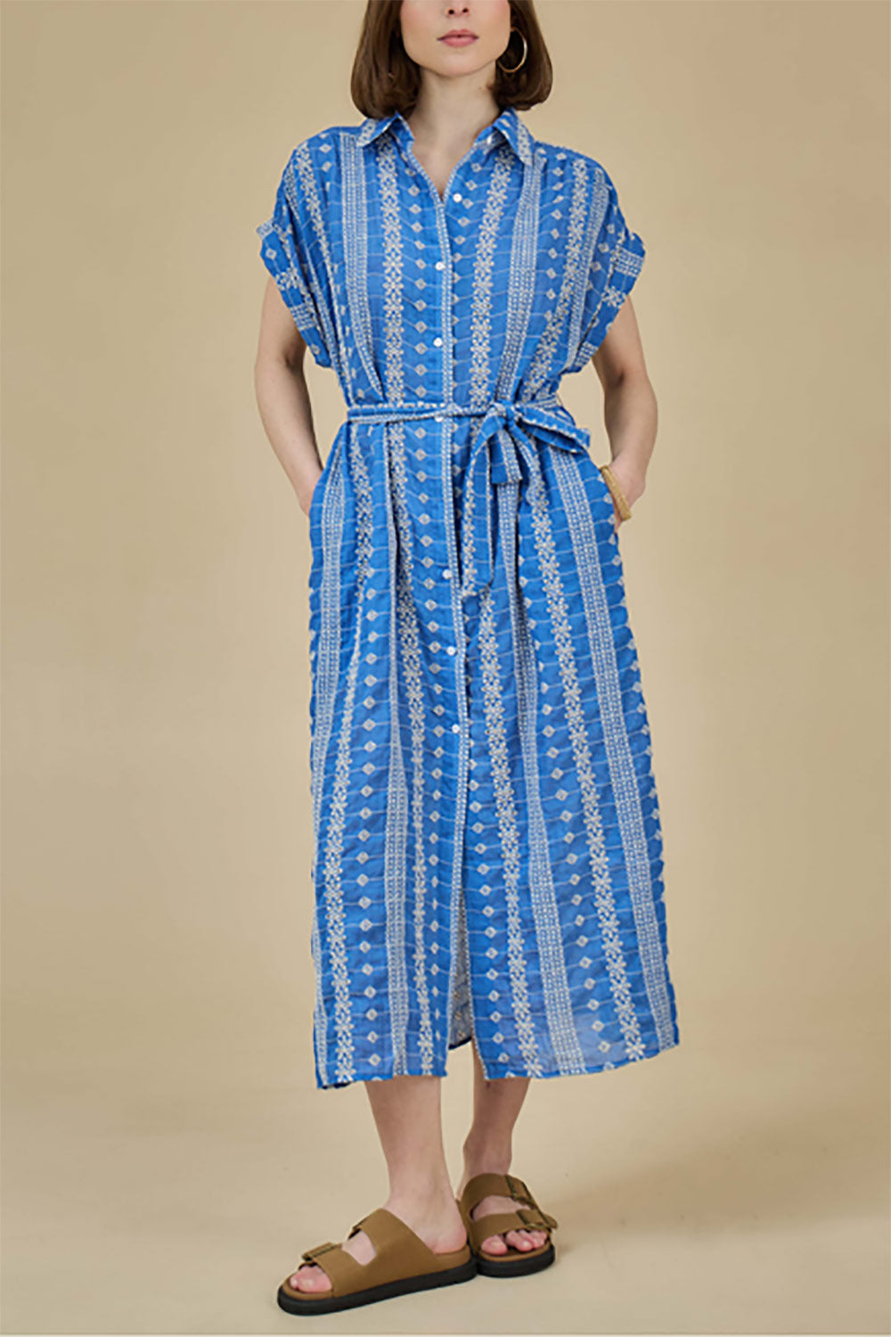 Lachlan Blue Button-Up Dress w/ Belt | La petite garçonne front view model front