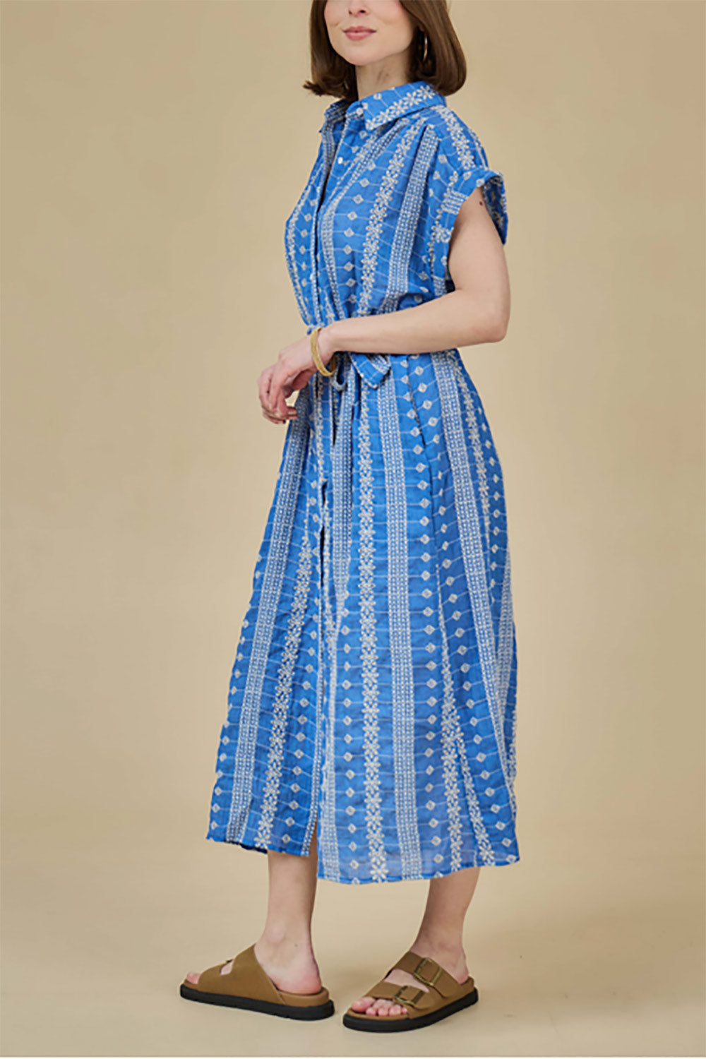 Lachlan Blue Button-Up Dress w/ Belt | La petite garçonne front view side model