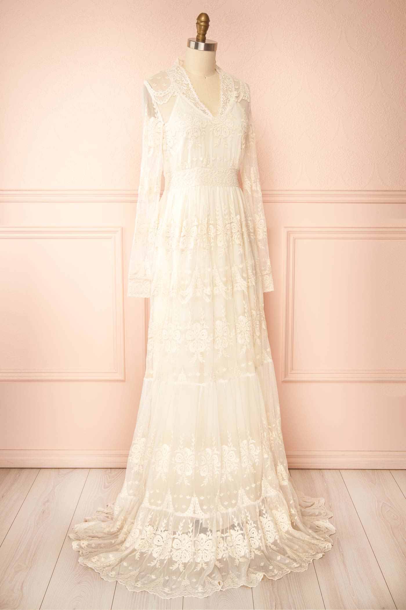 Laddia Cream Floral Lace Maxi Bridal Dress with Long Sleeve | Boudoir 1861 side view