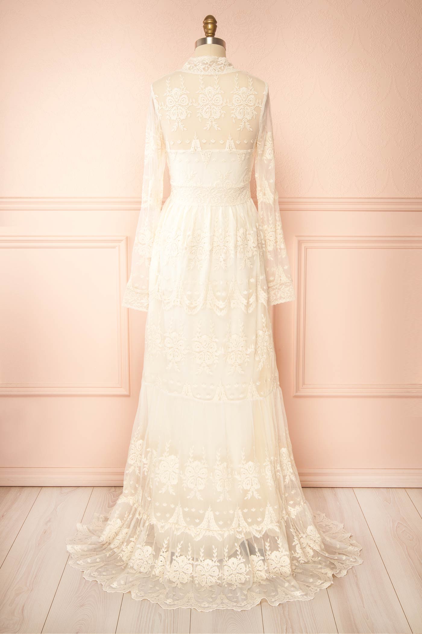 Laddia Cream Floral Lace Maxi Bridal Dress with Long Sleeve | Boudoir 1861 back view