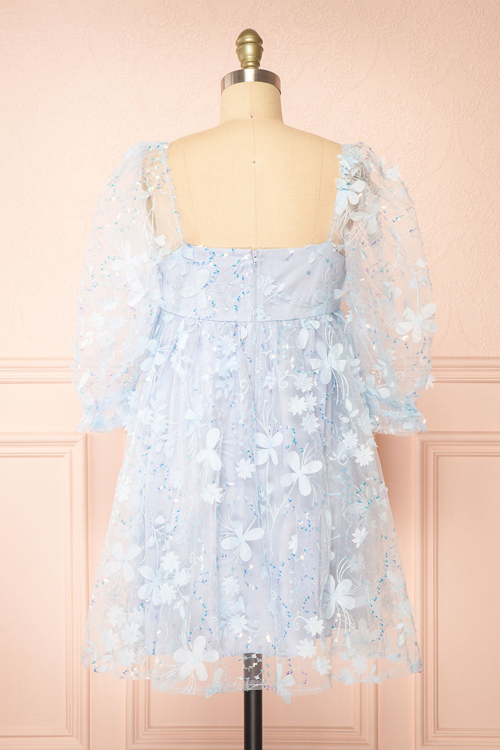 Laeticia Blue Babydoll Dress w/ Floral Appliqués | Boutique 1861 back view