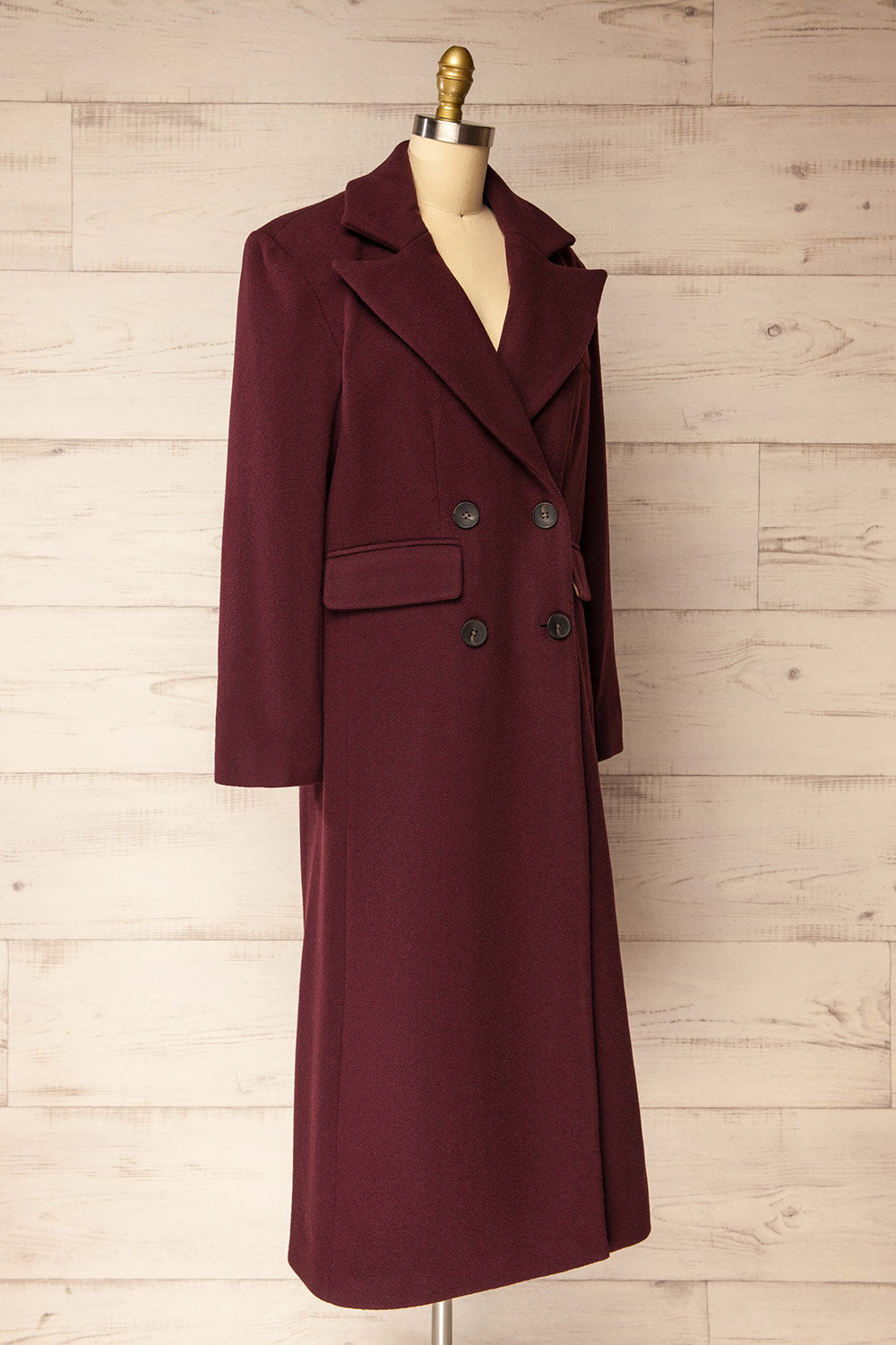 Lagos Long Burgundy Coat with Lapel Collar | La petite garçonne side view