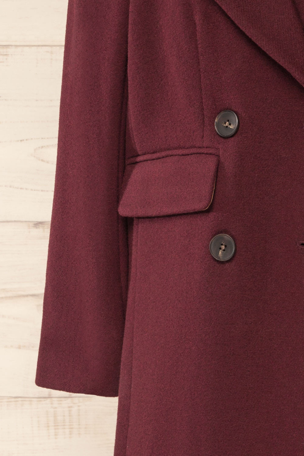 Lagos Long Burgundy Coat with Lapel Collar | La petite garçonne sleeve