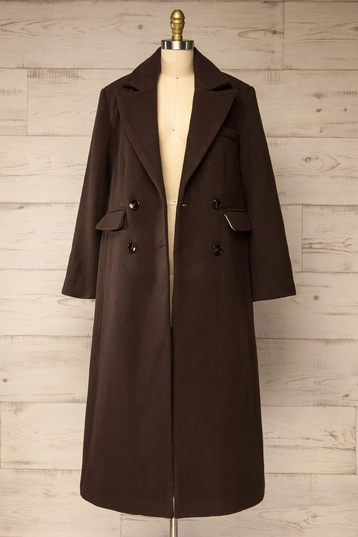 front open view of Lagos Brown Long Double-Breasted Coat with Lapel Collar at La petite garçonne