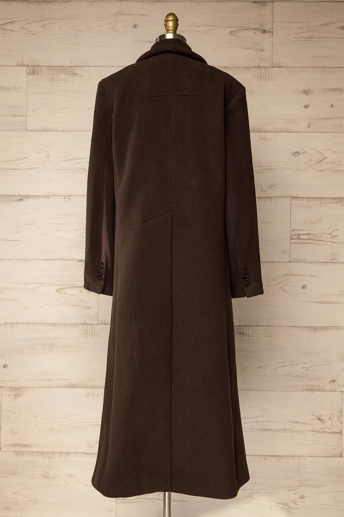 back view of Lagos Brown Long Double-Breasted Coat with Lapel Collar at La petite garçonne