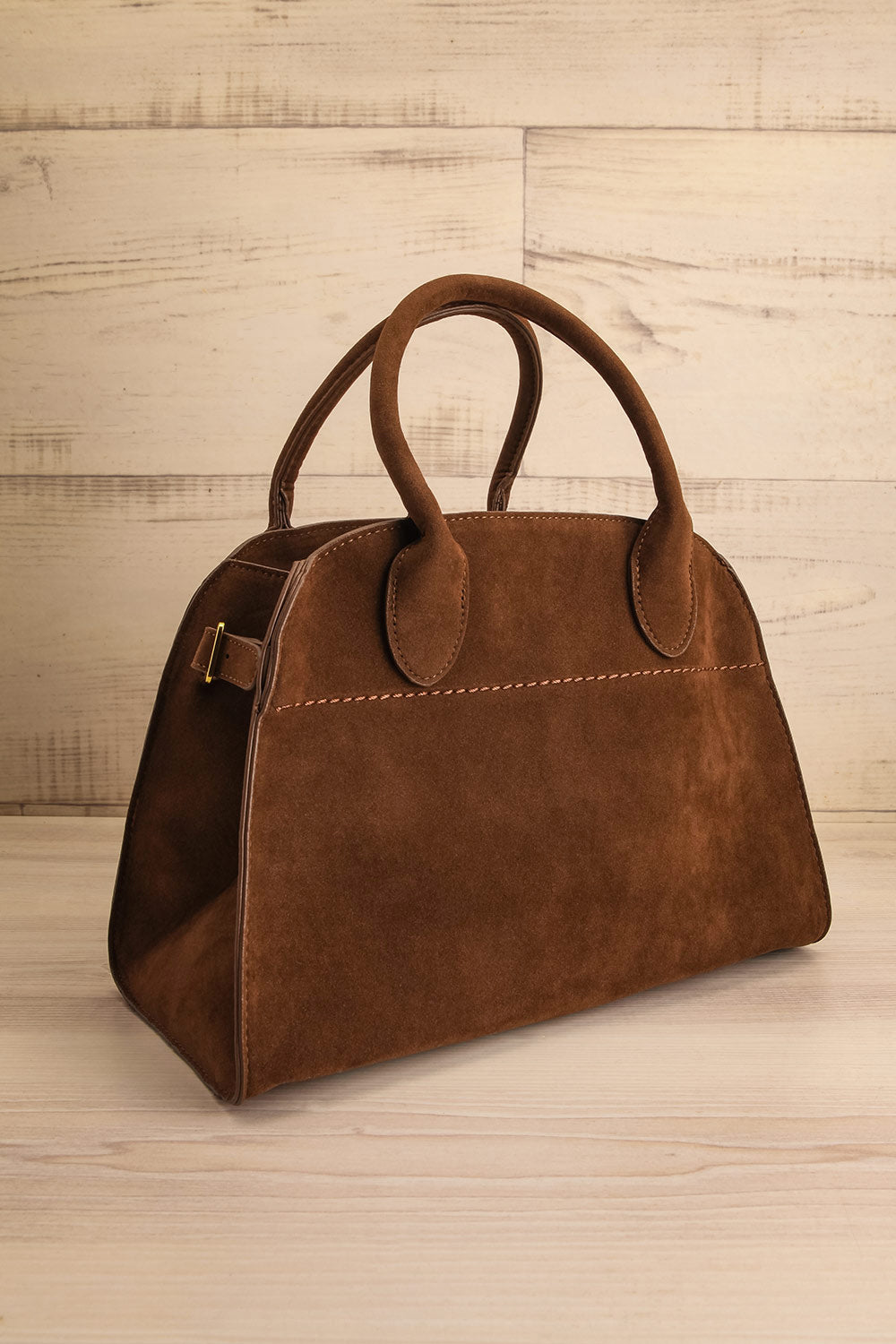 Lakey Light Brown Faux Suede Handbag | La petite garçonne side view