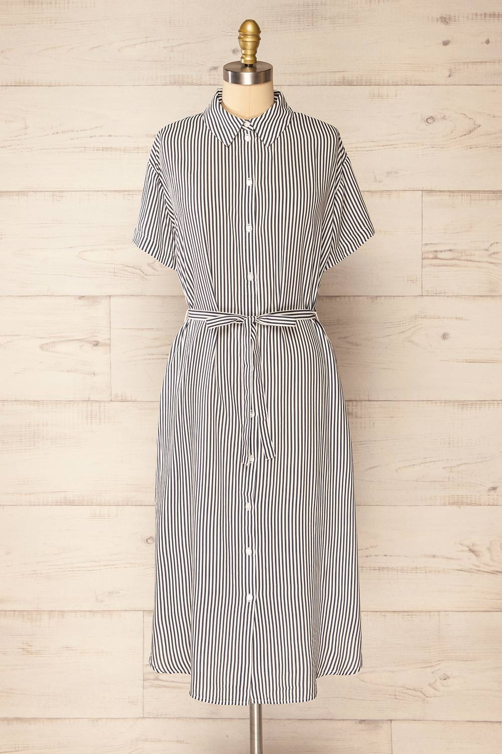 Latresne Black Stripes Buttoned Midi Shirt Dress | La petite garçonne front view