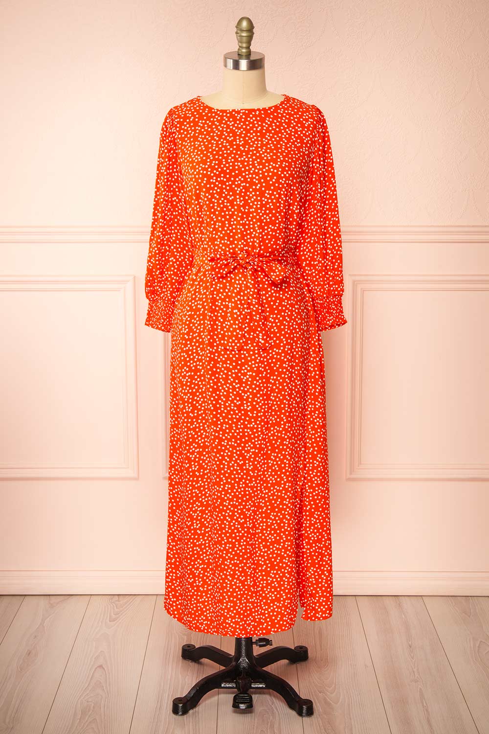 Laureanne Red Polka Dot Belted Midi Dress | Boutique 1861 front view