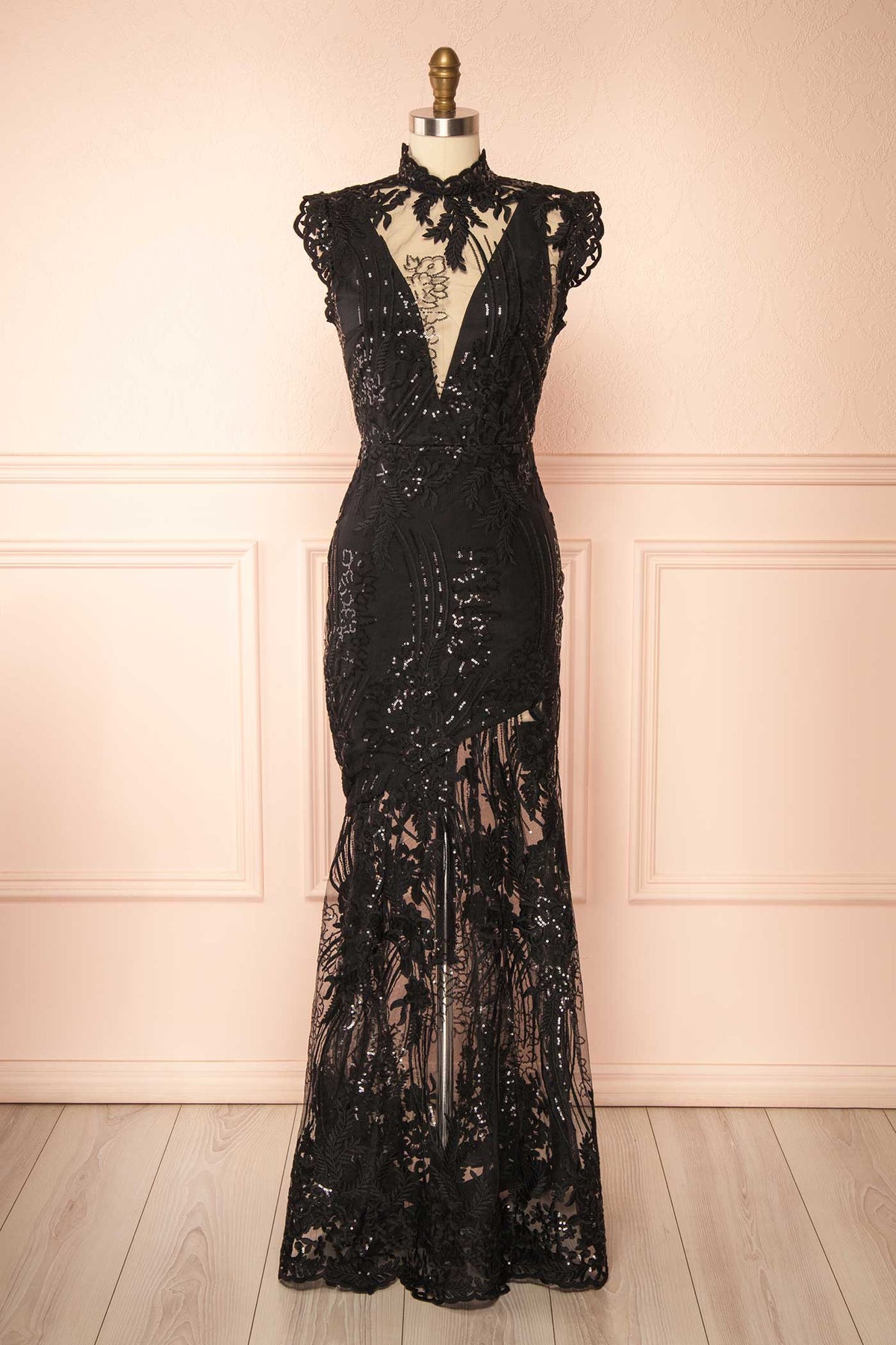Front view of Laurelle Black Maxi Lace Dress with Sequins at Boutique 1861