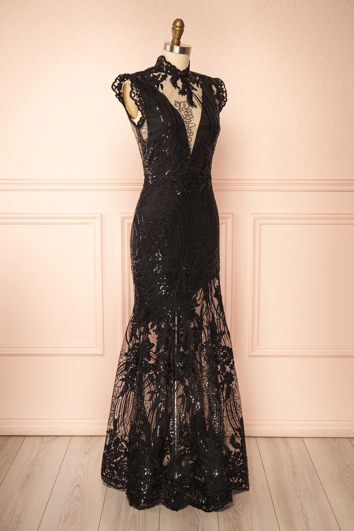 Side view of Laurelle Black Maxi Lace Dress with Sequins at Boutique 1861