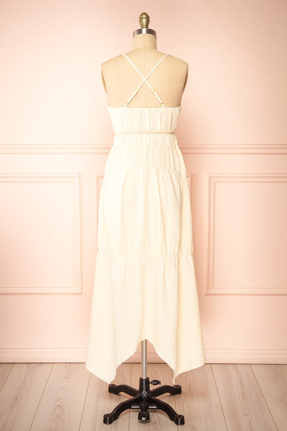 Laurelou Ruched Cream Midi Dress w/ Thin Straps | Boutique 1861 back view