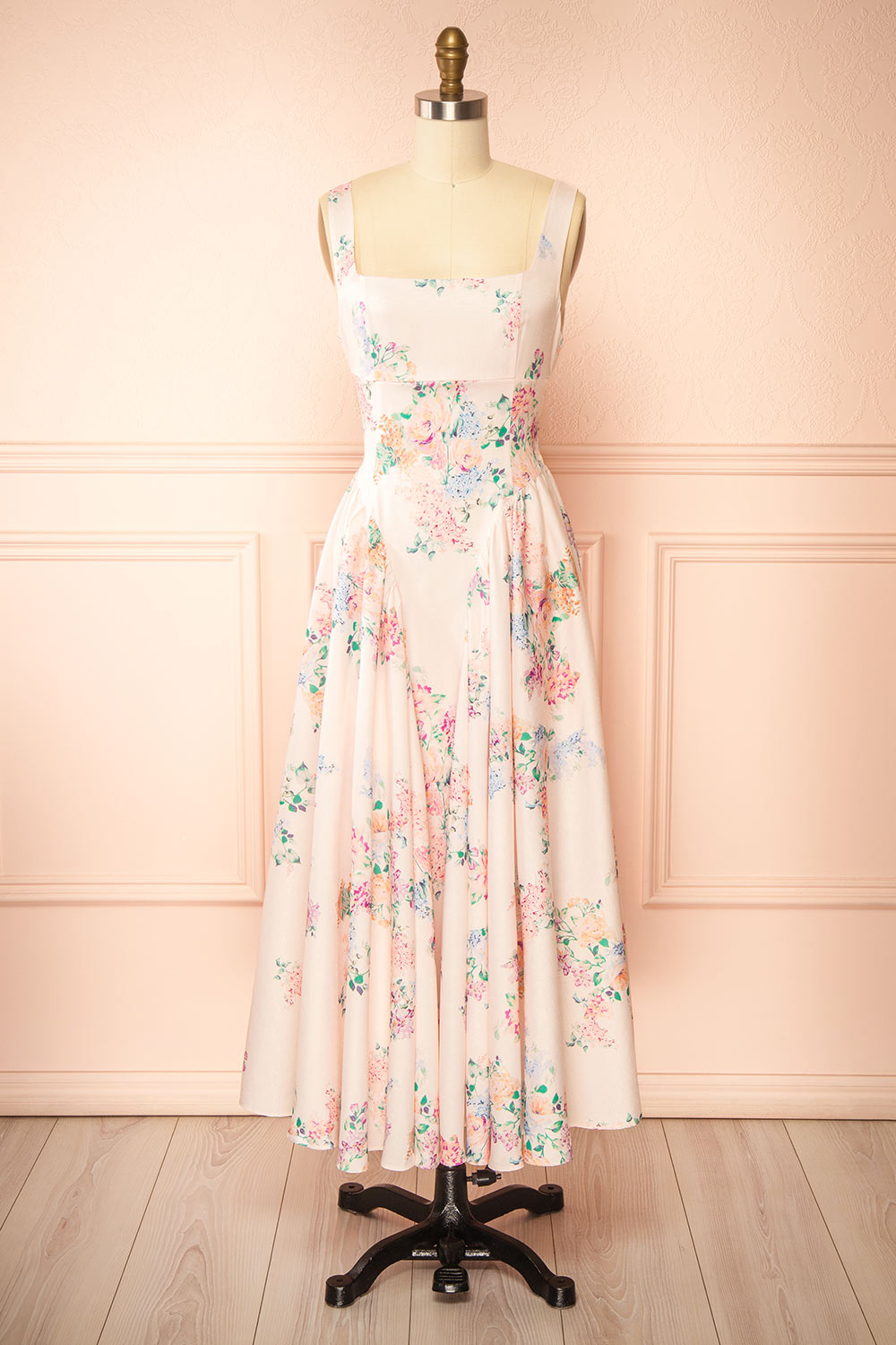 Leah A-Line Midi Pink Floral Dress with Ribbons at Back | Boutique 1861 front view