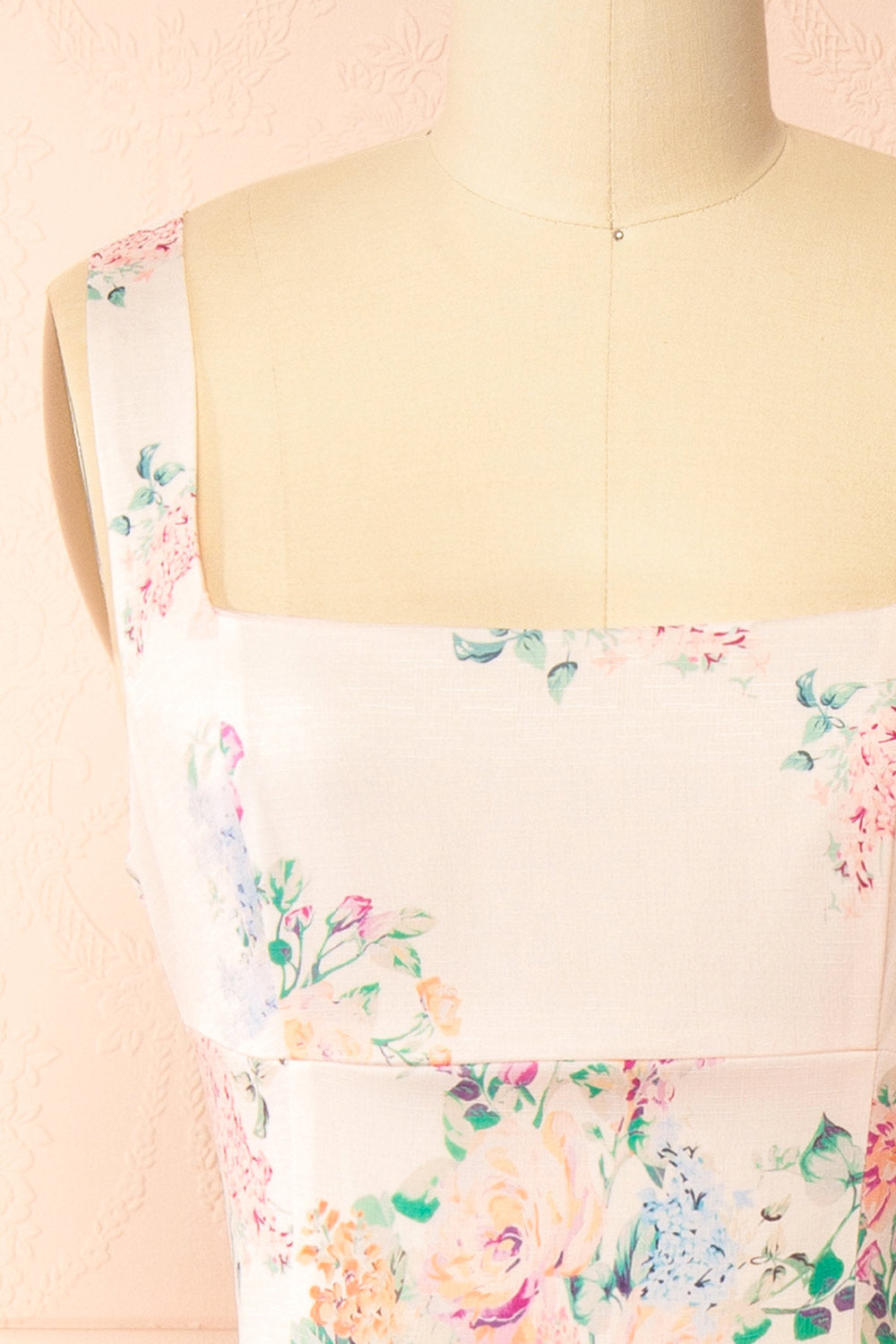 Leah A-Line Midi Pink Floral Dress with Ribbons at Back | Boutique 1861 front