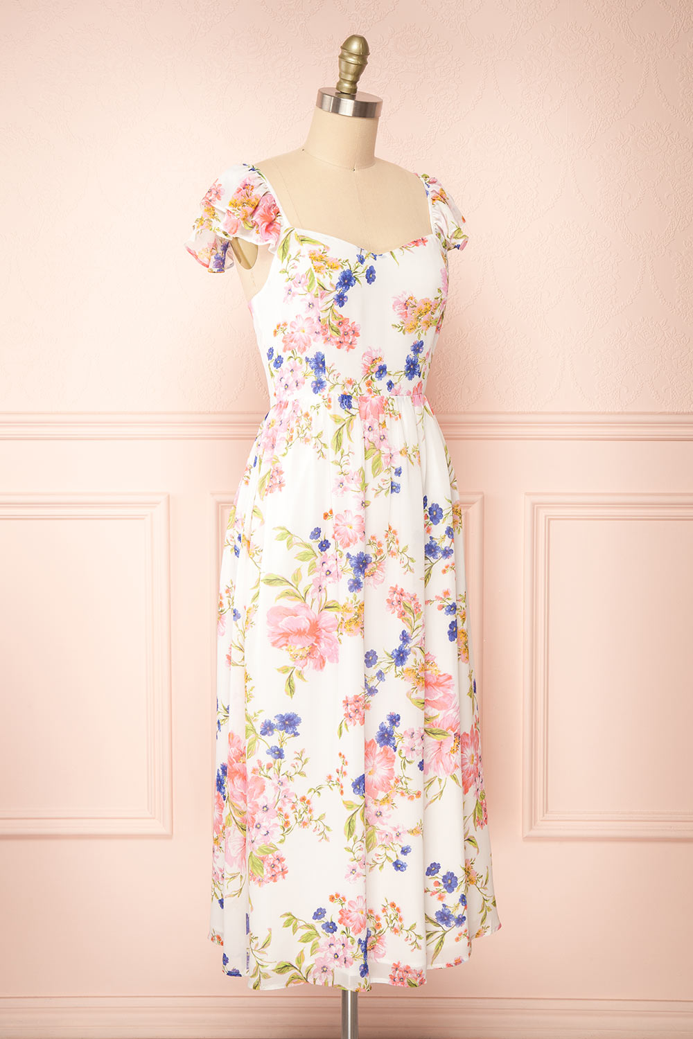 Leda Midi Floral Dress w/ Ruffle Straps | Boutique 1861 side view