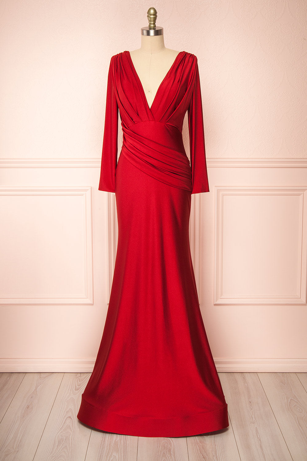 Lenai Burgundy Draped Mermaid Gown w/ Long Sleeves | Boudoir 1861 front view