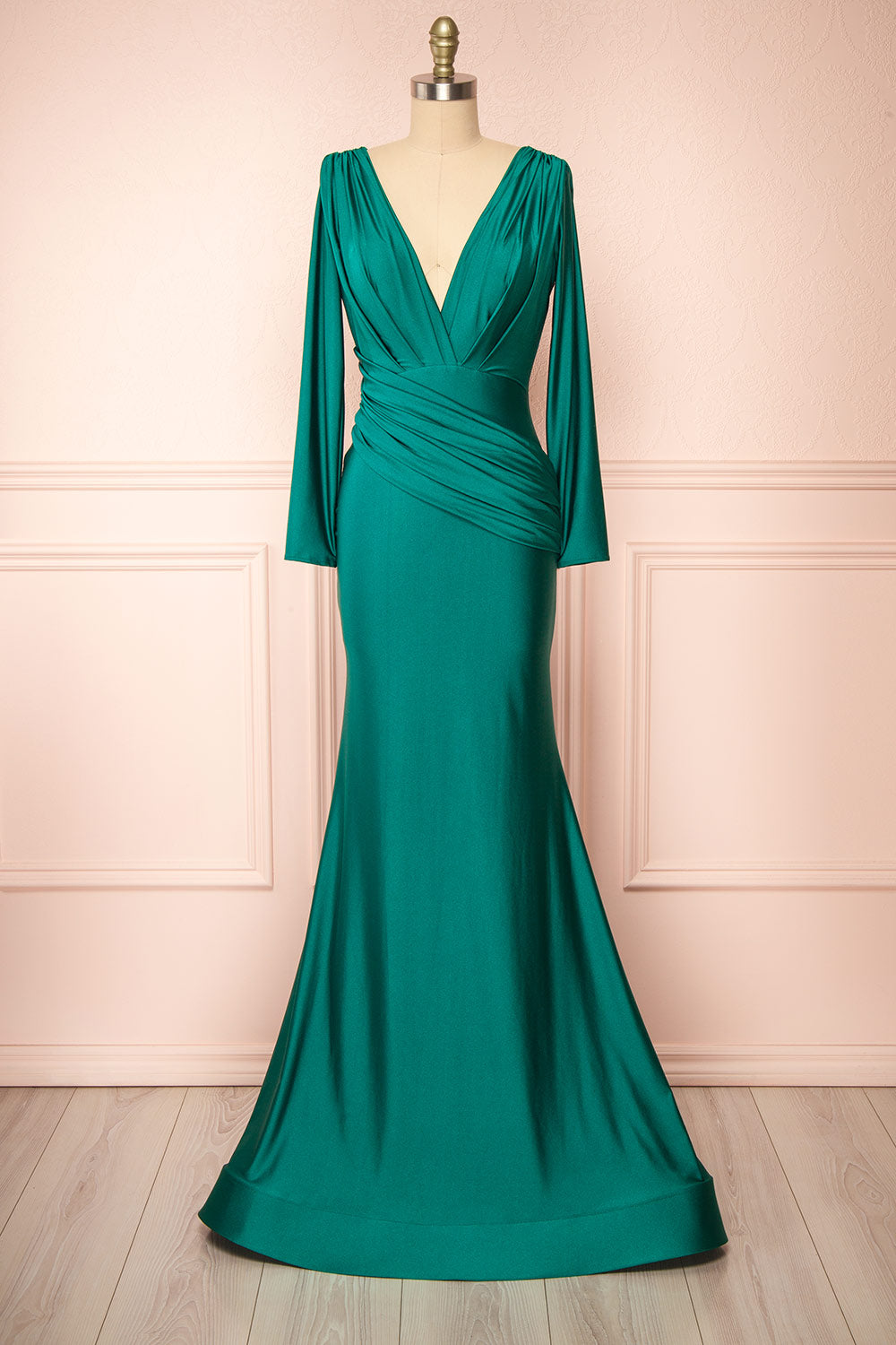 Lenai Green Draped Mermaid Gown with Long Sleeves