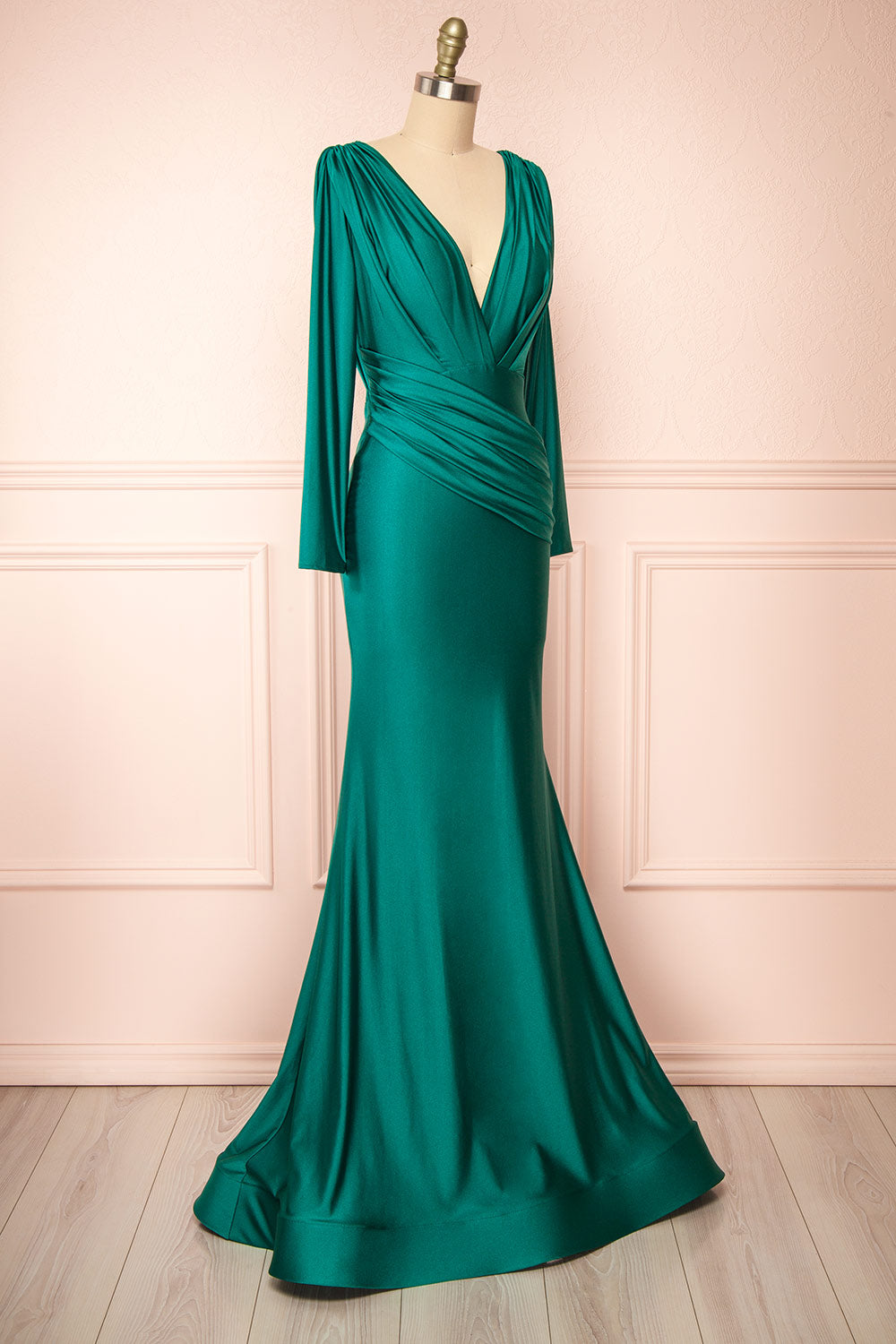 Lenai Green Draped Mermaid Gown w/ Long Sleeves | Boudoir 1861 side view
